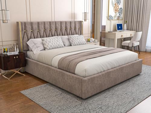 Image of Modern Upholstered King Size Bed with Box Storage for Bedroom | Wooden Double Bed with Storage | Platform Cot Bed with Upholstery Premium Fabric | Sheesham Solid Wood, (Brown), 6.5 x 6 Ft