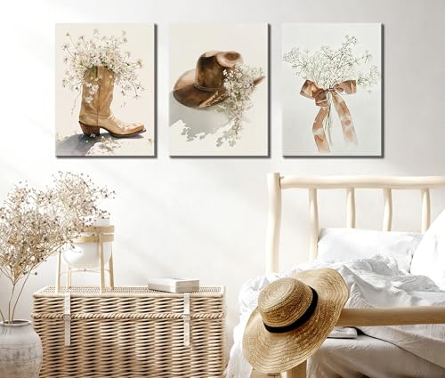 Image of Frimeeme Floral Cowgirl Boot and Cowboy Hat Canvas Wall Art,12x16 Inch