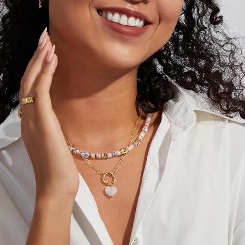 KissYan Beaded Necklaces for Women, 14K Gold Plated Layered Paperclip Choker with Heart Pendant for Summer, Colorful Natural Gemstone Boho Handmade Beach Jewelry Gifts3