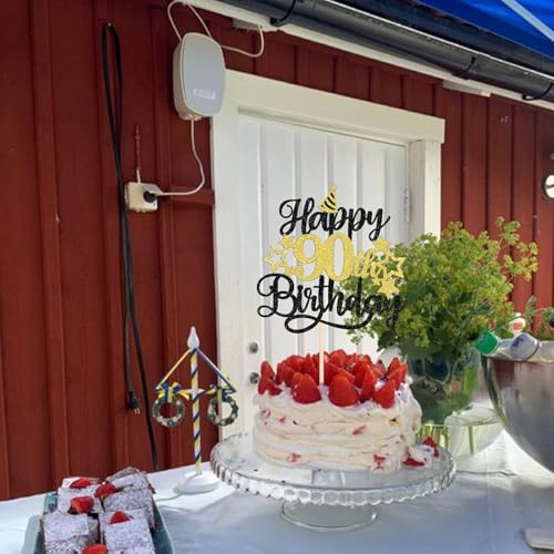 Image of Confetti! Glittering 90th Birthday Cake Topper with Star Hat - Cheers to 90 Years! Fabulous Cake Decorations for Elders 90th Birthday & Anniversary Party Supply
