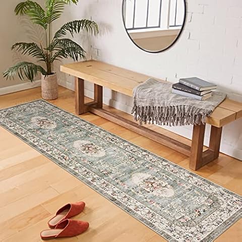 TALETA Greenish Alfombra de pasillo vintage, plegable, lavable, pelo corto, verde, 80 x 300 cm Cover