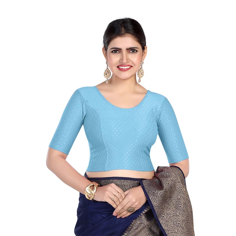 Image of FINESTFIT Round Neck Stretchable Elbow Sleeve Readymade Saree Blouse for Women, 100% Cotton Dobby Fabric