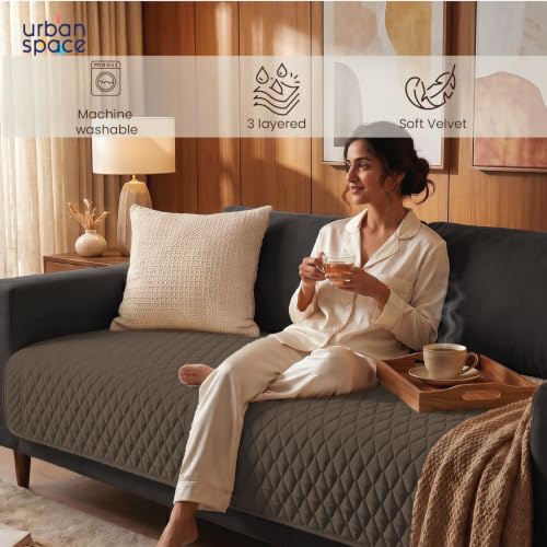 Image of Urban Space Velvet Embroidery Quilted Sofa Cover mat, Premium 3 Seater Non-Slip Sofa slipcover, Easy Care & Machine Washable, Seat Runner for Couch for Living Space (3 Seater - Honeycomb Brown)
