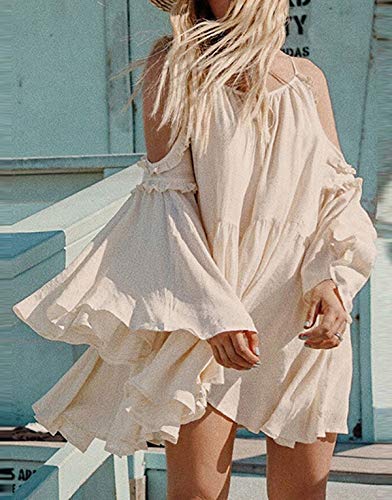 R.Vivimos Women C otton Long Sleeve V Neck Cold Shoulder Casual Ruffles Loose Short Dresses (Medium, Beige)