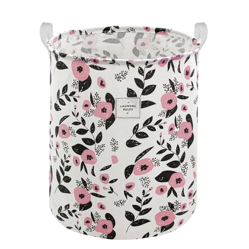 Image of Mziart Cute Laundry Basket, Large Floral Laundry Hamper for Girls Kids Toys Collapsible Clothes Organizer Waterproof Foldable Baby Hamper for Nursery Dorm Fabric Storage Basket Bin with Handles (Pink)