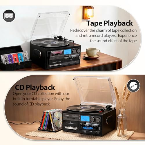 Image of Vinyl Record Player Built-in Speakers 10 in 1 Vintage Turntable with CD Cassette Tape AM FM Radio Function 3 Speed BT Input Output LP Player Support USB SD AUX RCA Playback Auto Stop Retro Wood Black