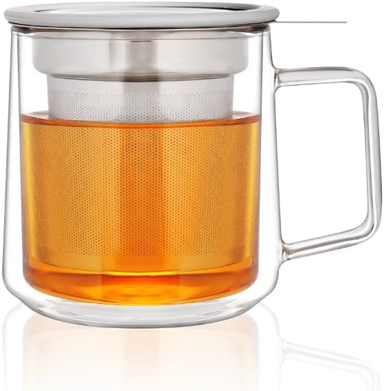 CNGLASS 12oz Double Walled Glass Tea Cup with Stainless Steel Infuser and Lid,Borosilicate Glass Tea Infuser Mug for Loose Tea,Teabag,Set of 1