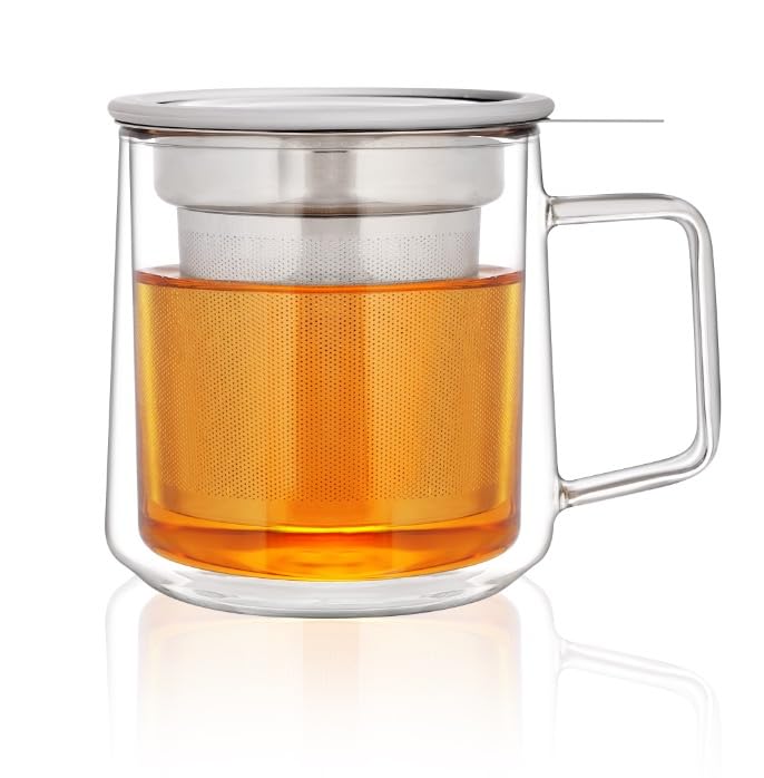CNGLASS Double Wall Glass Cup with Stainless Steel Infuser and Lid, 355ml Borosilicate Glass Tea Mug,Tea Infuser Mug for Loose Tea,Teabag,Set of 1