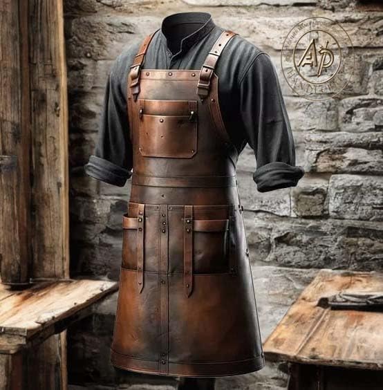Delantal de cuero marrón oscuro con múltiples bolsillos miniatura 2