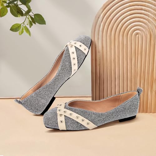 Women’s Cotton Fabric Square Toe Flats with Studded Detail – Chic Ballet Flats for Work, Casual, and Everyday Wear, Comfortable Slip-On Shoes