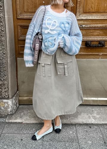 CHARTOU Women Fall Cotton Parachute Skirt Elastic Waisted Cargo Loose Long Skirts with Pockets2