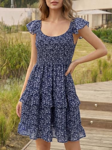 Image of Fessceruna Womens Summer Ruffle Dresses Elastic Empire Waist A-line Layered Swing Flowy Mini Dress