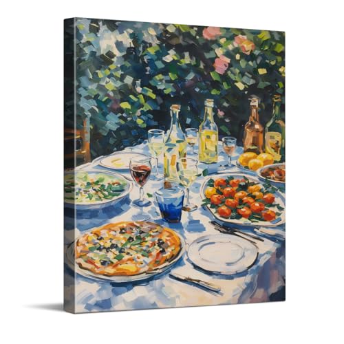 CYFDYVT Impressionist Italian Kitchen Wall Art Outdoor Dining Pizza Wine Canvas Art Print Vintage Mediterranean Summer Food Oil Painting Wall Decor for Kitchen Dining Room Cafe Bistro Home 8x10 inch