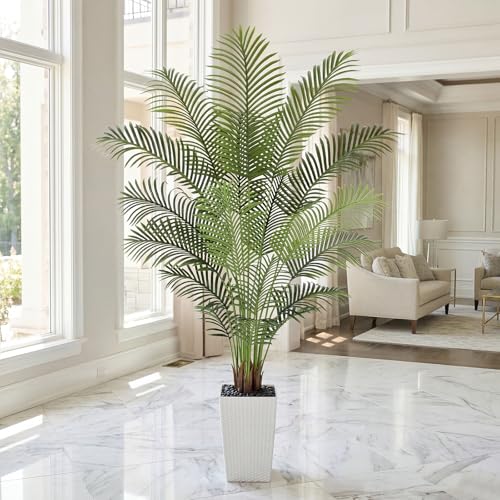 Image of 7ft Artificial Palm Tree with White Planter - Tall Fake Palm Tree Indoor Fake Tropical Plant for Home Office Living Room Bedroom Modern Decor