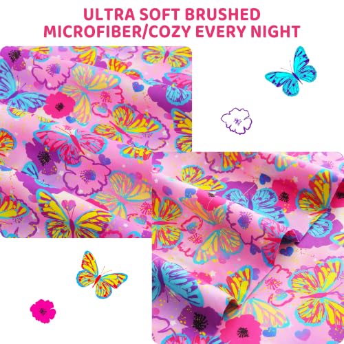 Image of Viviland 3 Pieces Girls Butterfly Twin Sheet Set - Soft Microfiber Fitted Flat Sheets & Pillowcase Bed Sheet Set - Pink Butterfly Bedding Sets for Kids