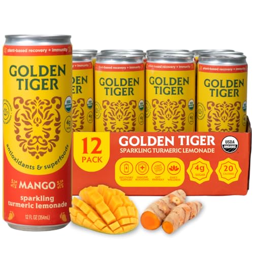 Golden Tiger Turmeric Sparkling Lemonade, Mango – Curcumin & Ginger for Inflammation – Organic Wellness Drink with Superfoods & Antioxidants for Recovery, Immunity, Gut Health - 4g Sugar, 20 Calories (12-pack)
