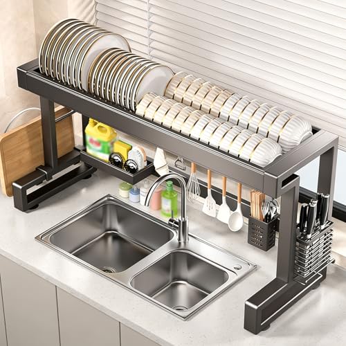 Scolapiatti in acciaio inox, resistente, per piatti e posate, organizer salvaspazio da cucina con base a ventosa e design a drenaggio rapido