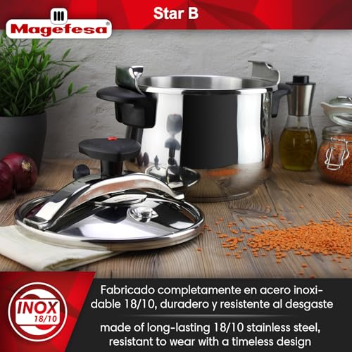 MAGEFESA Star Belly Pressure Cooker 10.6 Qt – 18/10 Stainless Steel, Rounded Bottom, 3 Safety Systems, Works on All Stovetops Including Induction, 8 PSI