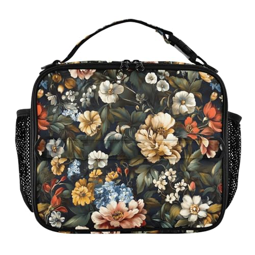 CHIFIGNO Bolsa de almuerzo colorida con diseño floral vintage para niños, lonchera con doble asa, organizador portátil para el trabajo, escuela, oficina, picnic, viajes