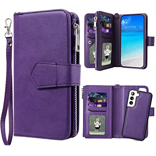 JZASES Case for Galaxy S22, 2 in 1 Magnetic Detachable Shockproof Case, Flip Folio PU Leather Cover with Card Slot for Samsung Galaxy S22, Purple
