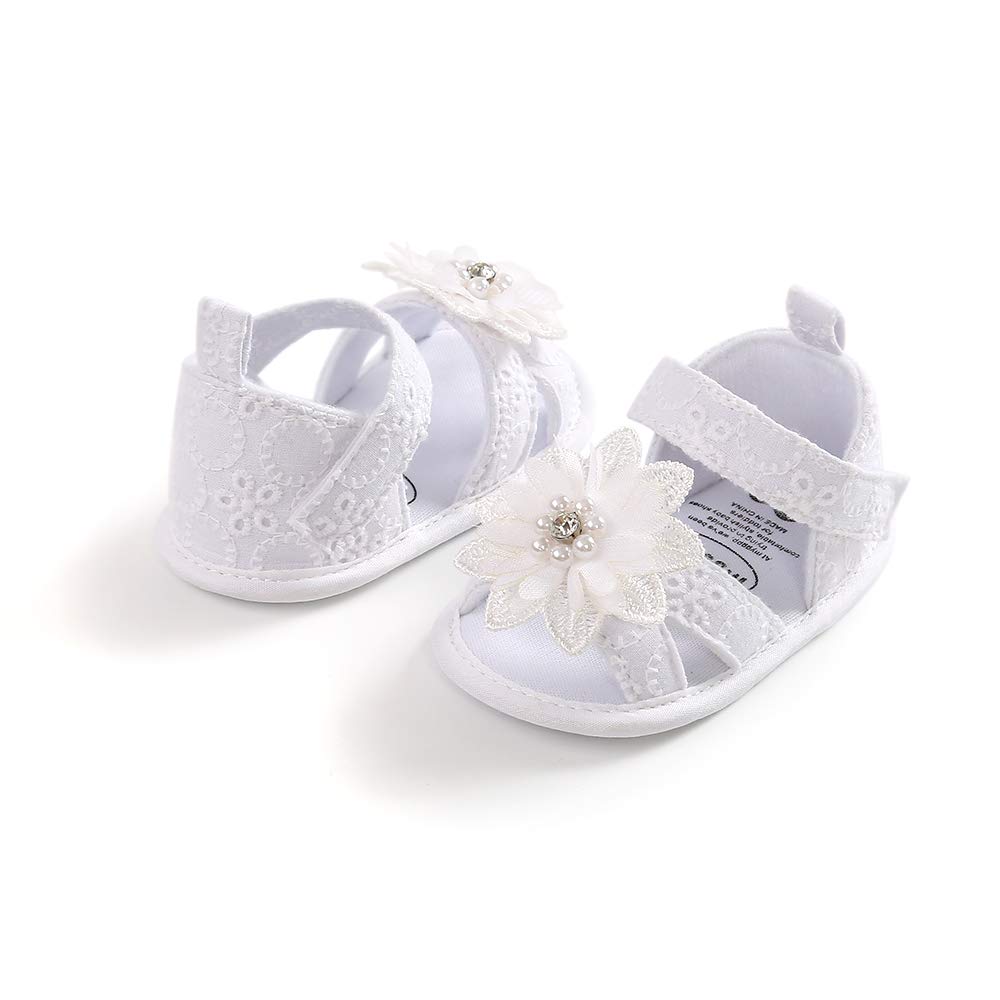 Newborn Baby Girl Summer Sandals Cute Lace Flower Pearl Anti-Slip Soft Sole Princess (White, 12-18month)