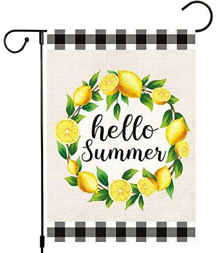 Louise Maelys Hello Summer Garden Flags For Outside 12x18 Double Sided Vertical, Burlap Small Welcome Lemon Wreath Summer Garden Yard House Flags Buffalo Plaid Seasonal Summer Outdoor Decoration (ONLY FLAG)