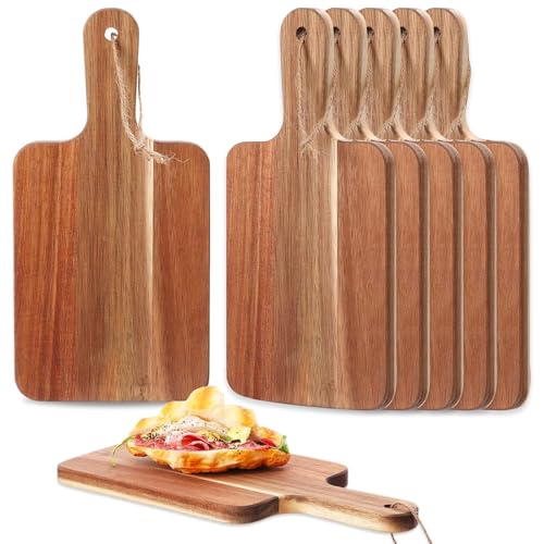 6 Pcs Acacia Wood Cutting Board with Handle, Small Wooden Charcuterie Boards, Decorative Bulk...