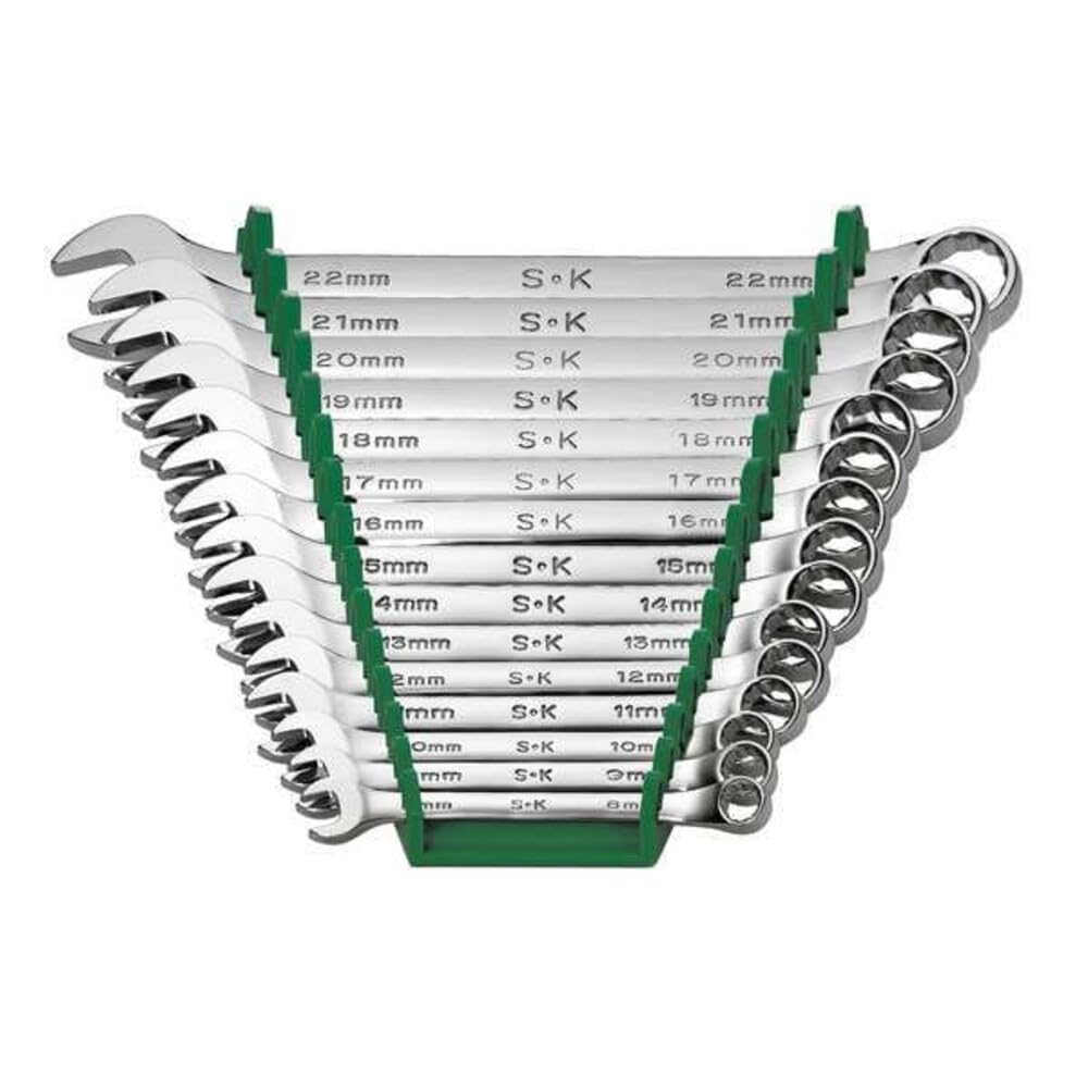 SK Professional Tools 86265 15-częściowy 12-punktowy metryczny standardowy zestaw kluczy płasko-oczkowych - wykończenie SuperKrome, zestaw 15 chromowanych kluczy wyprodukowanych w USA