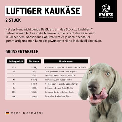 Kauies luftiger Kaukäse - 100% natürliche Käsestange für Hunde aus Kuhmilch, proteinreich, laktosefrei, glutenfrei, ideal für Welpen & Senioren, Made in Germany, Größe XXL (2 x 200g) bis 30kg