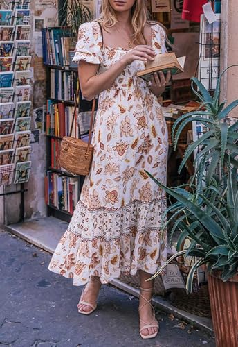 Image of ZESICA Women's 2026 Summer Boho Floral Print Dress Square Neck Ruffle Swing Beach Vacation Long Maxi Dresses