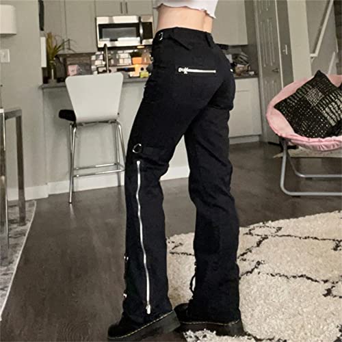 Women Side Zipper Goth Jeans Pants Vintage Streetwear Punk Casual Denim Trousers High Waist Bell Bottoms Pants2