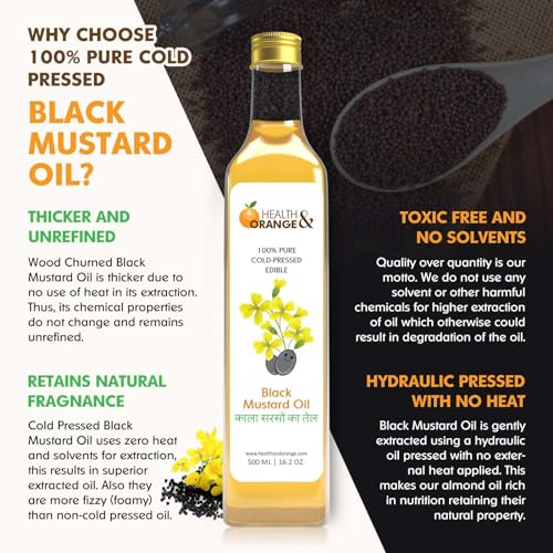 Image of H&O Black Mustard Oil - 100% Pure Cold Pressed Edible Kaali Sarson Ka Tel - 500 Ml Glass Bottle