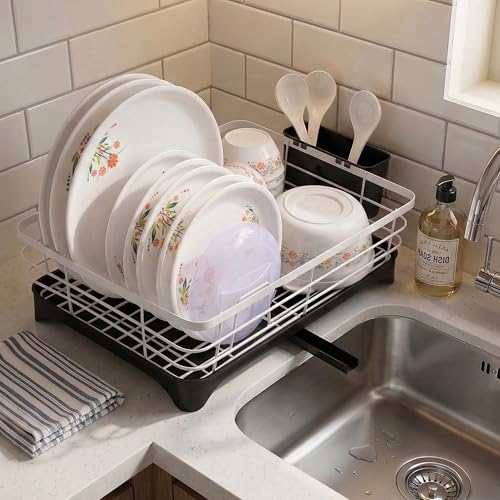Image of Kuber Industries Stainless Steel Kitchen Drying Rack with Drain Tray & Cutlery Holder | Countertop Utensils Stand | Dish Rack for Kitchen | Bartan Stand | White