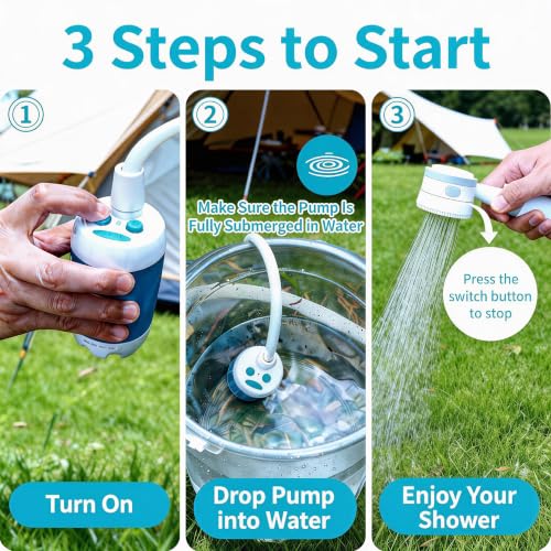 Bomba de ducha portátil para camping - cabezal de ducha recargable para exteriores, bomba de agua desde cubeta, ideal para camping, senderismo, viaje, lavado de autos y limpieza de mascotas miniatura 6
