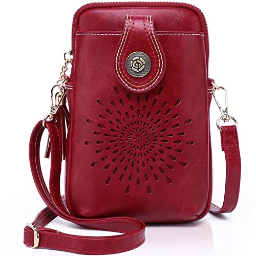 APHISON Sac Bandoulière Femmes Sacs pour Téléphone Crossbody pour Messenger Fermetures éclair Cuir PU Petits Sac Bandoulière Fleur de Soleil Bandoulière avec Boîte Cadeau FT163 Rouge Cover