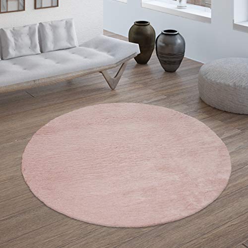 TT Home Wohnzimmer Teppich Hochflor Langflor Kunstfell Weich Modern Unifarben Flauschig, Farbe: Rosa Pink, Größe:120 cm Rund