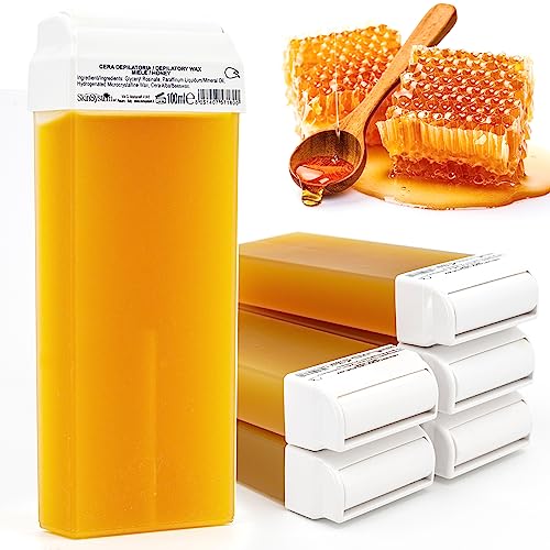 LALILL Wachspatronen 100ml x 6 - Roll on Wax Honig - Wirksames Enthaarungswachs - Warm- Wachspatrone mit natürlichen Zutaten, Depilation, Körper, Gesicht, Beine, Roller, breit