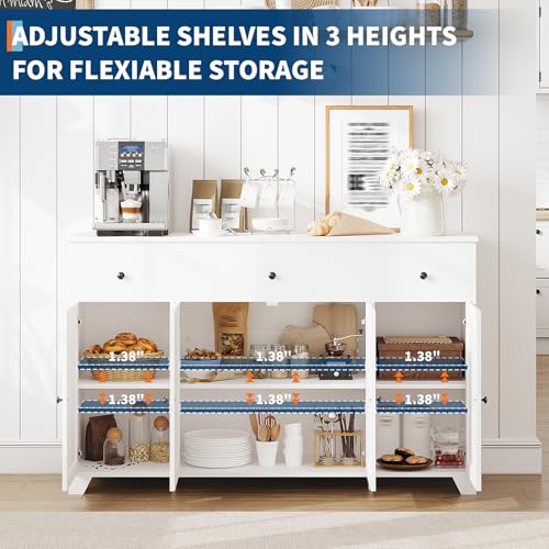 55" Sideboard Buffet Cabinet with Storage, Coffee Bar with Adjustable Shelves, 3 Drawers and 4 Minimalist Doors, Long Storage Cabinet for Kitchen, Dining Room, Living Room- White