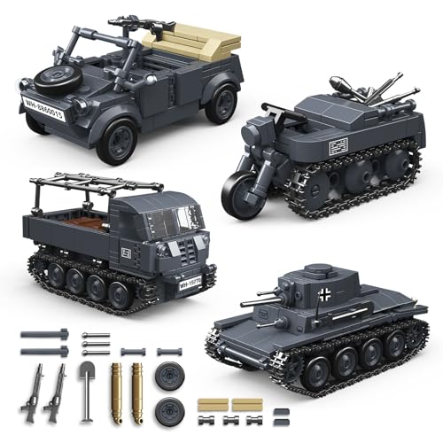 4 IN 1 WW2 Army Tanks Toy Building Block Set(1089 Pcs),Compatible with Lego,Create German 38T-A Light Tank&3 German Style Small Military Vehicles Models Great Military Toy Gift for Boy Age 6+ Year Old by WEMEWEME - Used condition - US$15.85