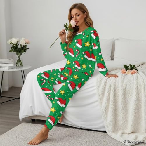 Image of Womens Lounge Set Long Sleeve Soft Pajama Sets | Casual 2 Piece Pj Outfit, Crewneck Sleepwear with Pockets, Adjustable Drawstring, Soft Comfy Fall Pajamas, Plus Size