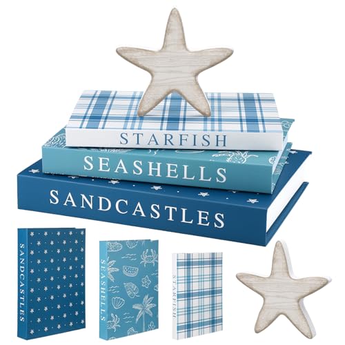 Thyle Summer Fake Decorative Books Set Wooden Starfish Table Signs