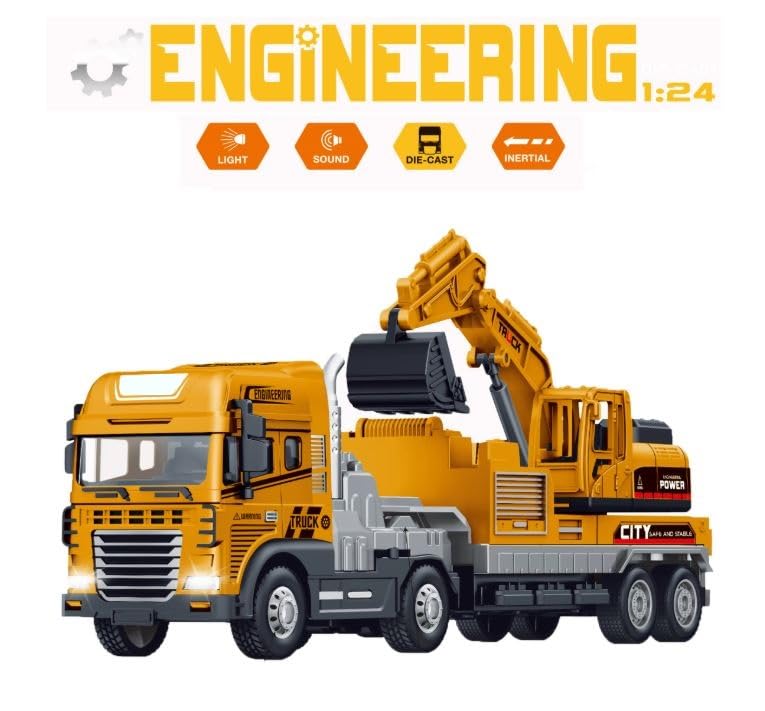 Image of Die cast Alloy Model Engineering Excavator Truck Toy for Kids Boys Friction Powered Construction Site Vehicles with Lights Sounds