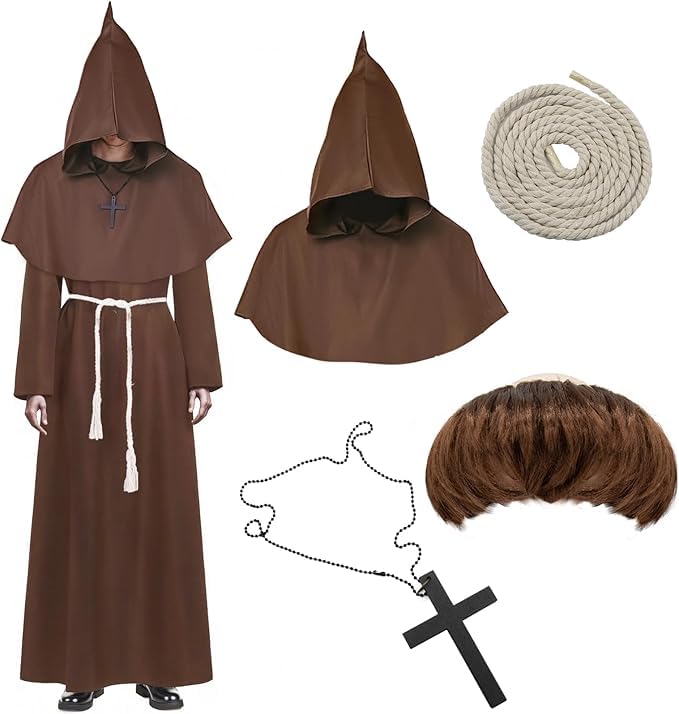 Yeria Costume de moine médiéval pour homme - Avec capuche - Perruque de moine - Chapeau marron foncé - Ceinture - Corde de chanvre - Chaîne croisée -...