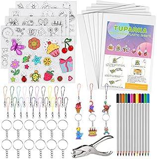 TUPARKA 60 Pcs Heat Shrink Plastic Sheet Kit, Shrink Sheets Creative Pack,Including 10Pcs Blank Shrink Film Paper and 5 Pcs Shrink Art Paper with Pattern,Hole Punch,Keychains,Pencils for Kids