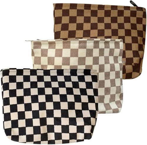 Travel Checkered Makeup Bag, Corduroy Cosmetic Bag for Purse, Small Cosmetic Zipper Pouch Cute Travel Checkered Makeup Bag Gift for Women,Girls (3 pack)