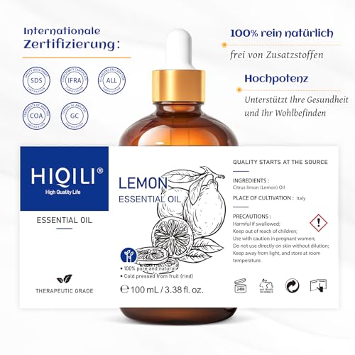 Hiqili Zitrone Ätherisches Öl, für die Reinigung, Diffusor, Haut, kann Hinzugefügt werden, um Sprays, Creme zu Verwenden, Enthält Reiseflasche - 3,38 fl oz