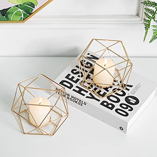 Geometric Candle Tealight Holders Gold - Holder For Tea Light Decorative Votive Candle Stand Accents For Home Table Shelf Mantel Modern Geo Decoration Christmas Wedding Reception Décor, Gold, 2Pcs #TOP2
