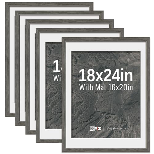 Image of VCK 18x24 Poster Frame 5 Pack, Grey Wood, 16x20 Mat, for Gallery Wall