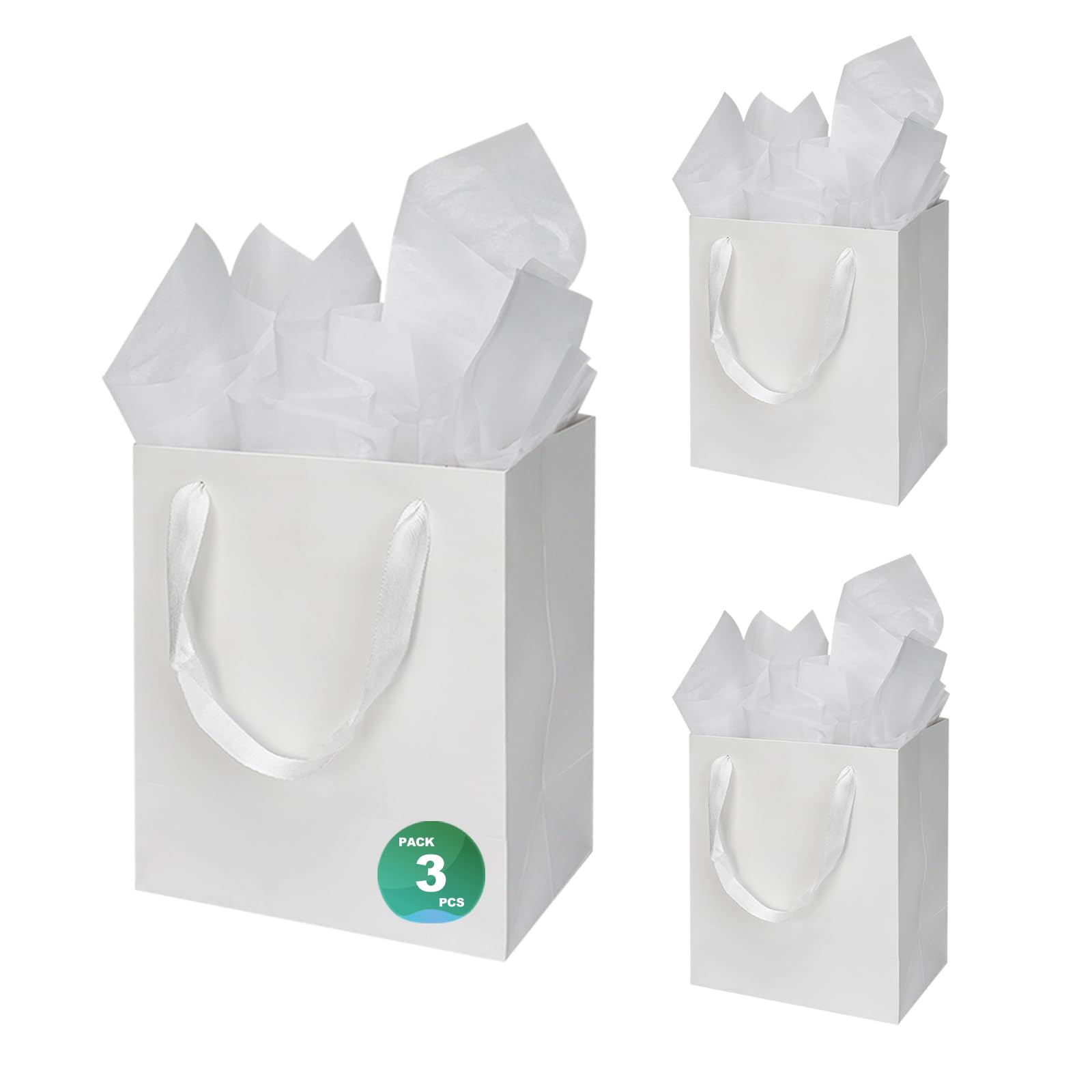 Papertide 3 Pack White Large Gift Bags 20.3×12.7×25.4cm with Tissue Paper — image 1