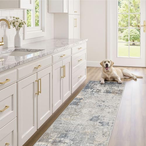 2X6 Washable Runner Rug for Hallway: Soft Neutral Modern Abstract Area Rug - Non-Slip Low Pile Long Throw Indoor Carpet for Kitchen Entryway Kitchen Bedroom Laundry Bathroom- Blue Grey